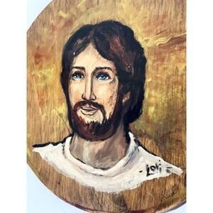 Vintage Oil Painting of Jesus on Wood Round Signed Lori 7 7/8"